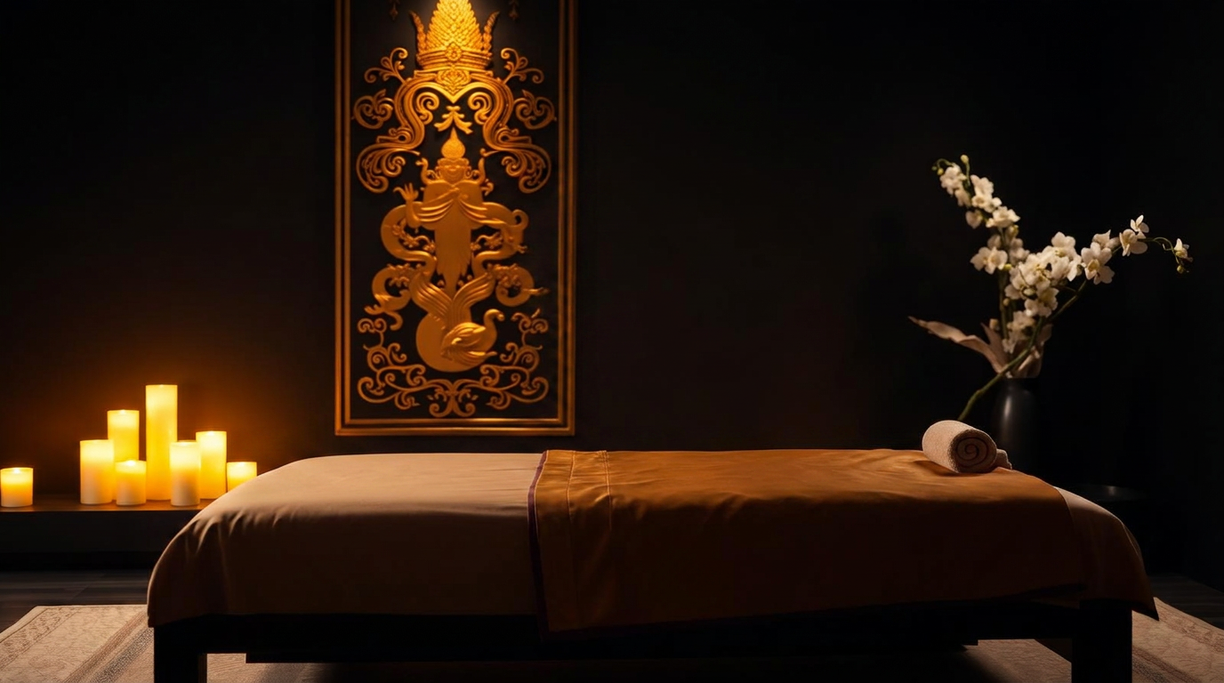 The Royal Thai Massage at Nuad Thai Massage Athens — a private candlelit suite prepared with golden silk, candles and Thai art