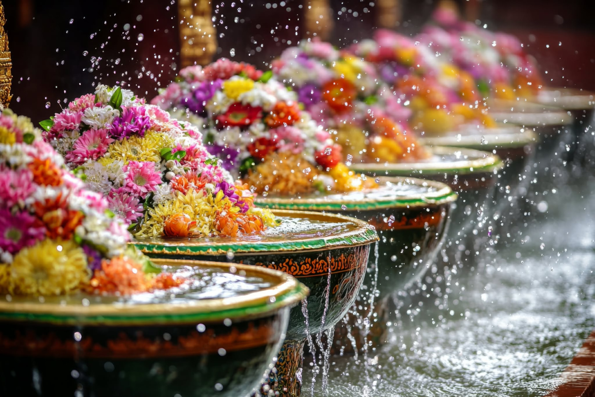 Thai flower garlands and scented water bowls at a festive family celebration