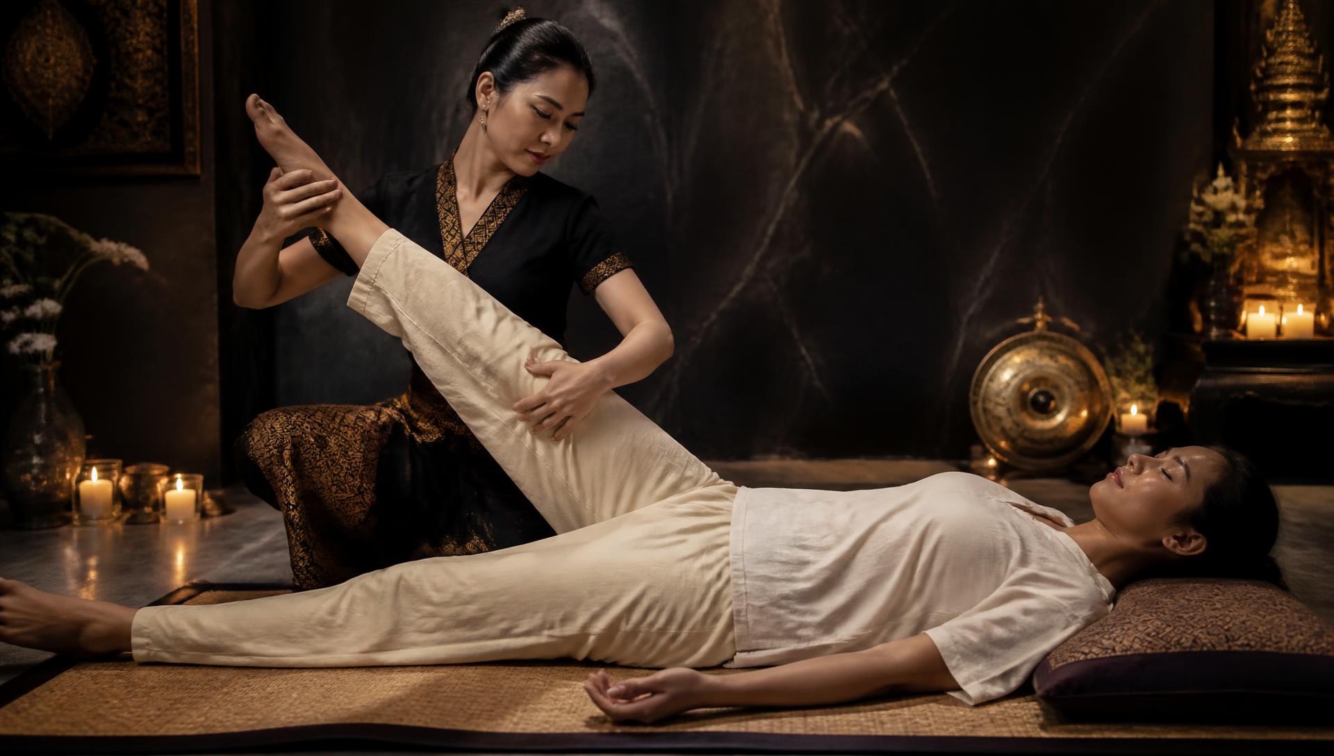 Traditional Thai massage on a floor mat — a therapist guiding a clothed guest through an assisted stretch in a candlelit room at Nuad Thai Massage Athens