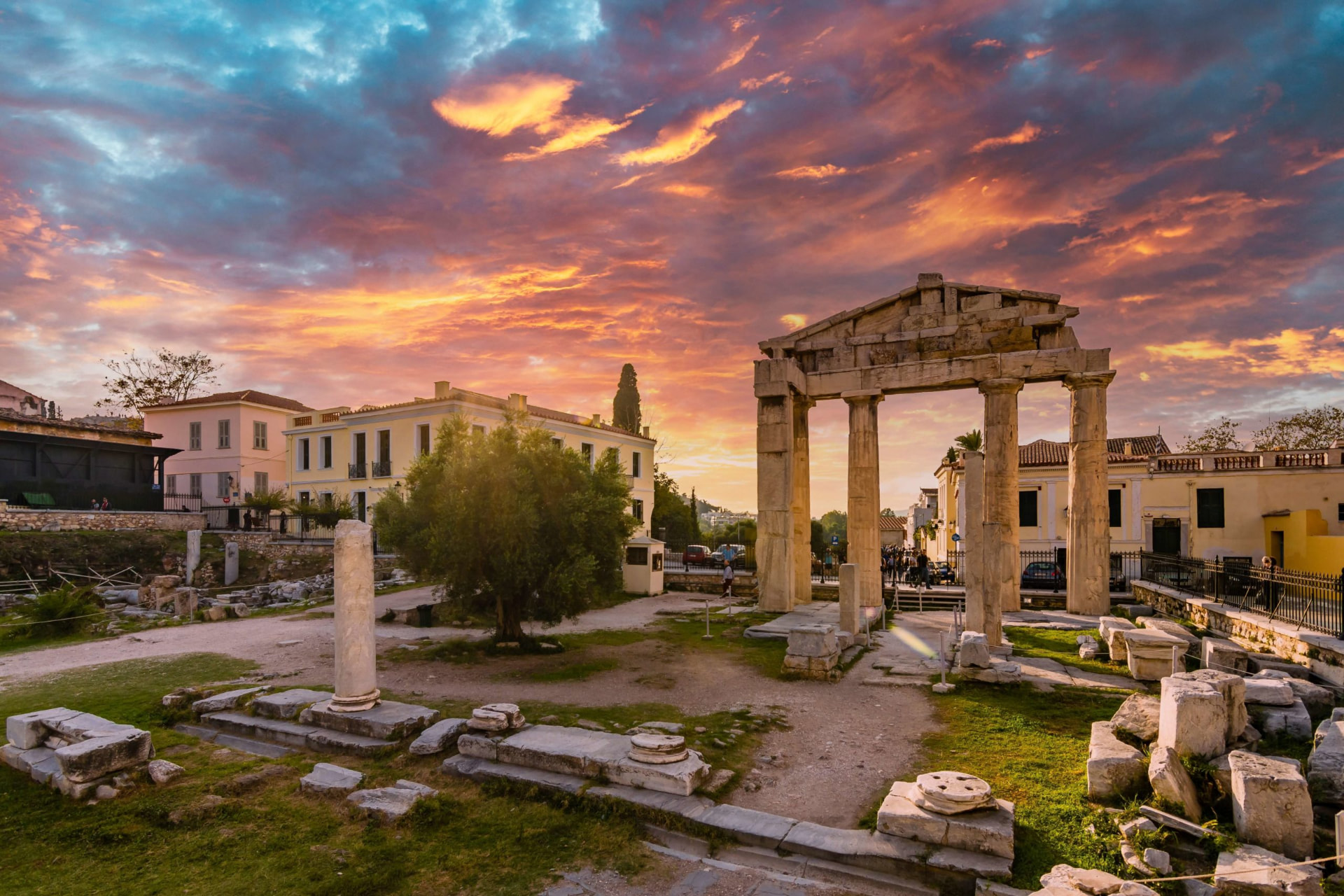 The Gate of Athena Archegetis at the Roman Agora of Athens at sunset — a classic stop on our Athens day tours