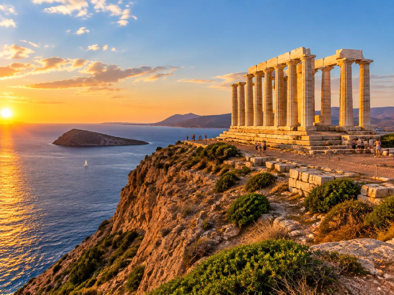 The Temple of Poseidon at Cape Sounion above the Aegean sea at golden hour — a favourite evening day tour from Athens