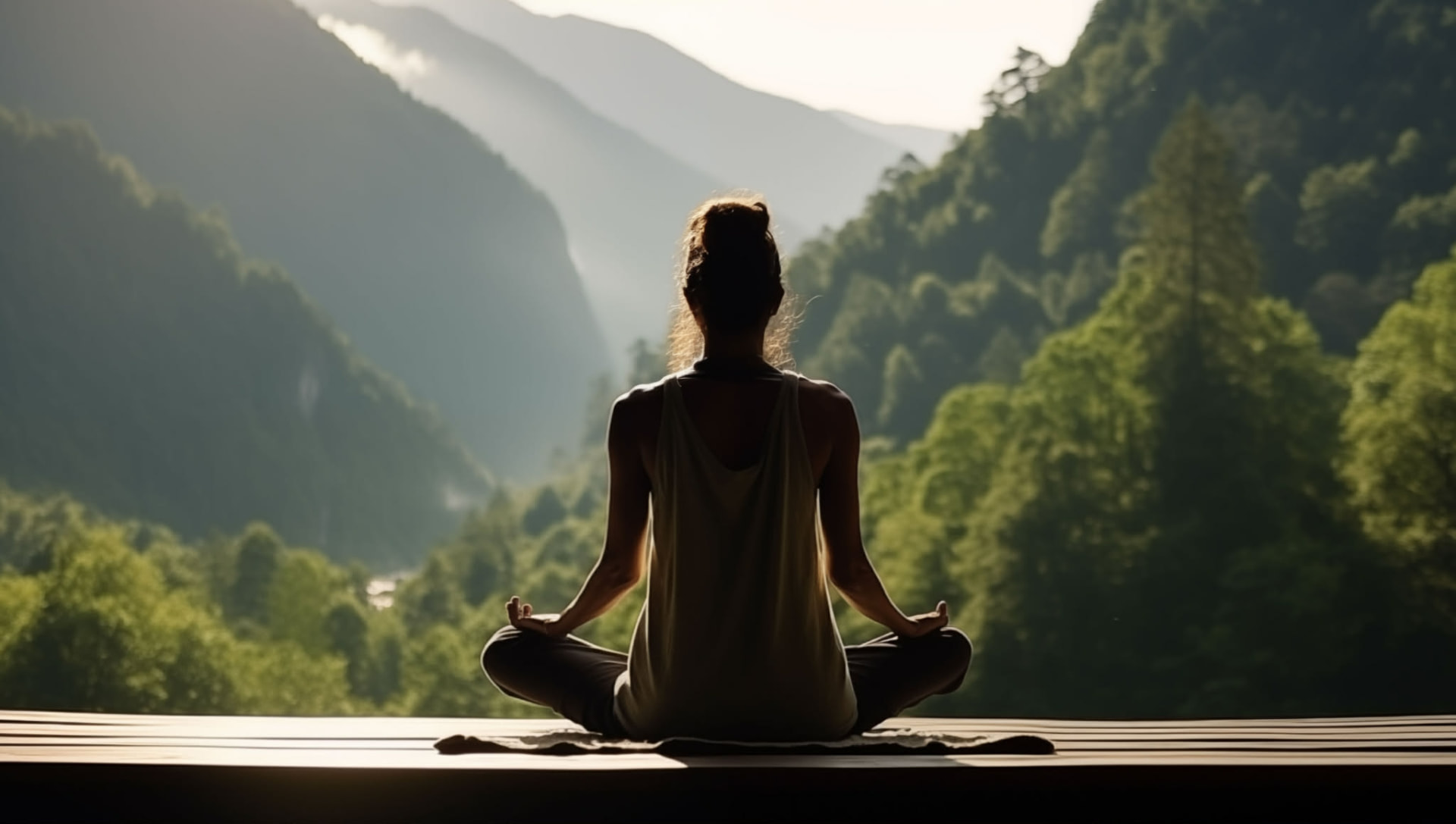 Woman meditating on a wooden platform with lush green mountains in the background