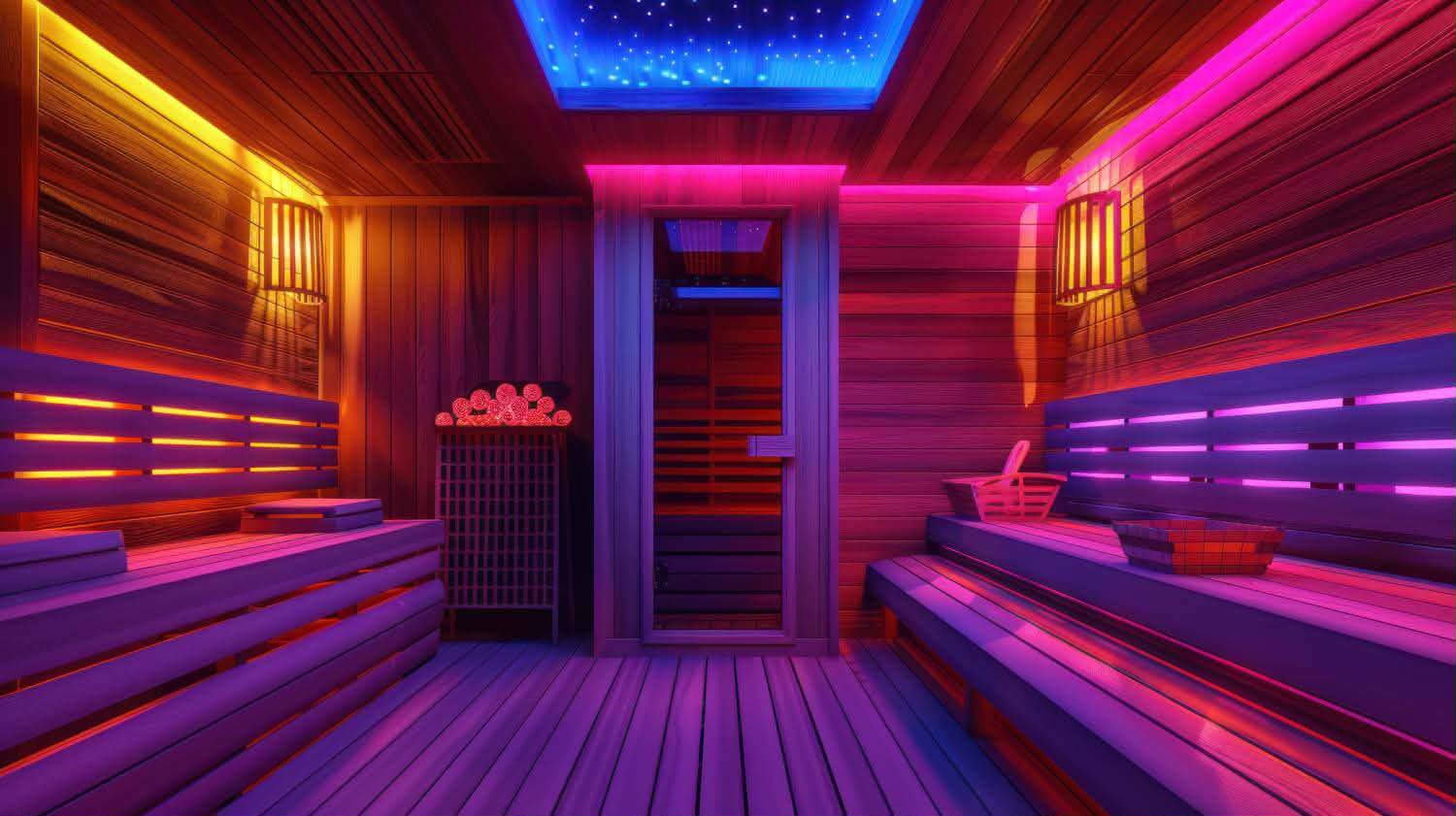 The sauna at Nuad Thai Massage Athens with warm cedar benches and soothing chromotherapy lighting