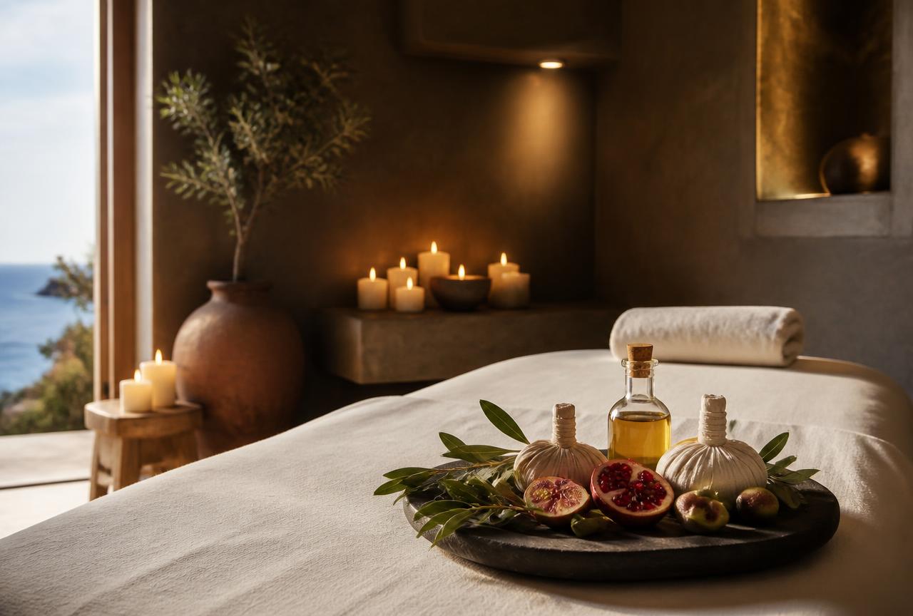 Therapist performing the Greek massage ritual with olive oil and herbal compresses
