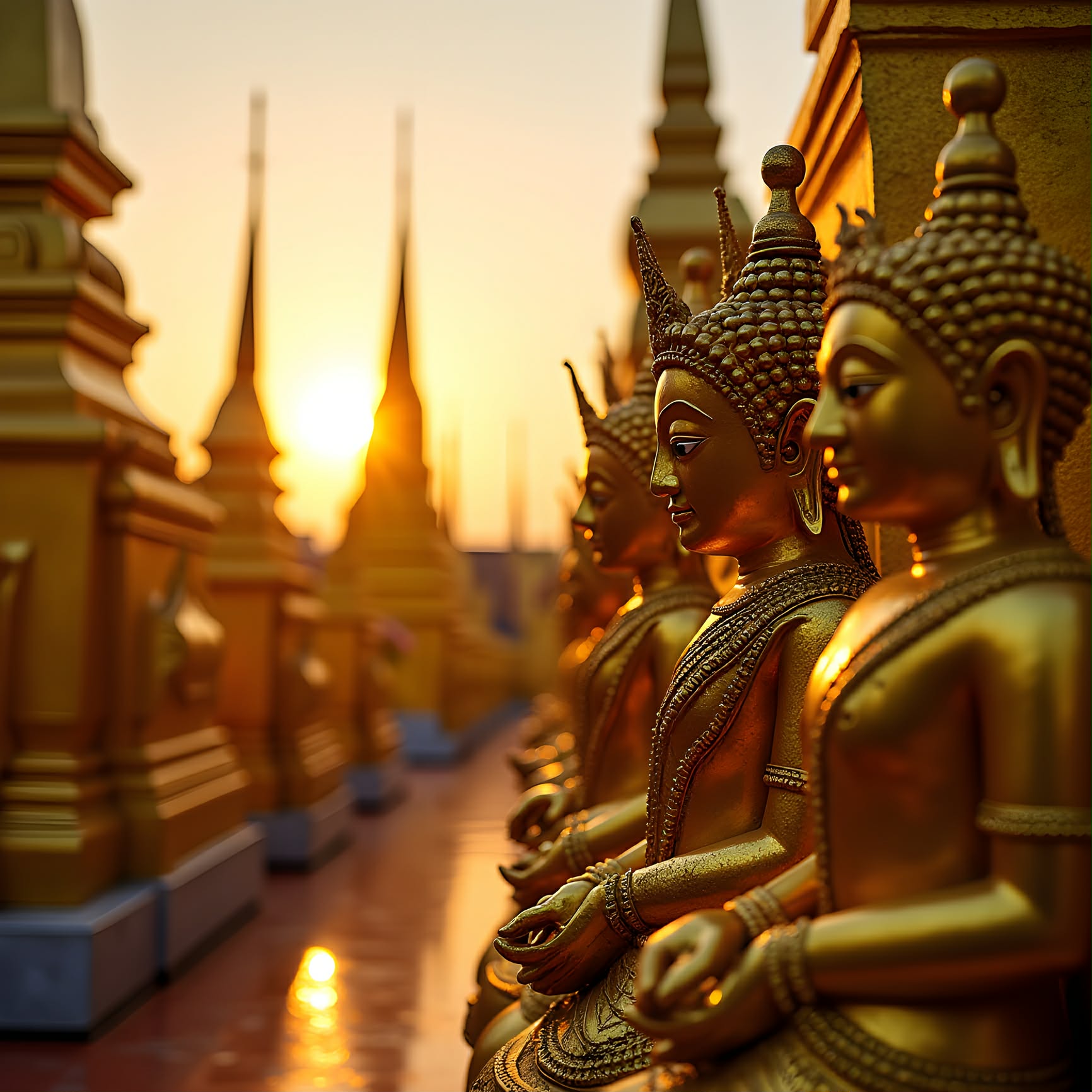 Row of golden Buddha statues glowing at sunset in a Thai temple, evoking the spiritual roots of Thai massage