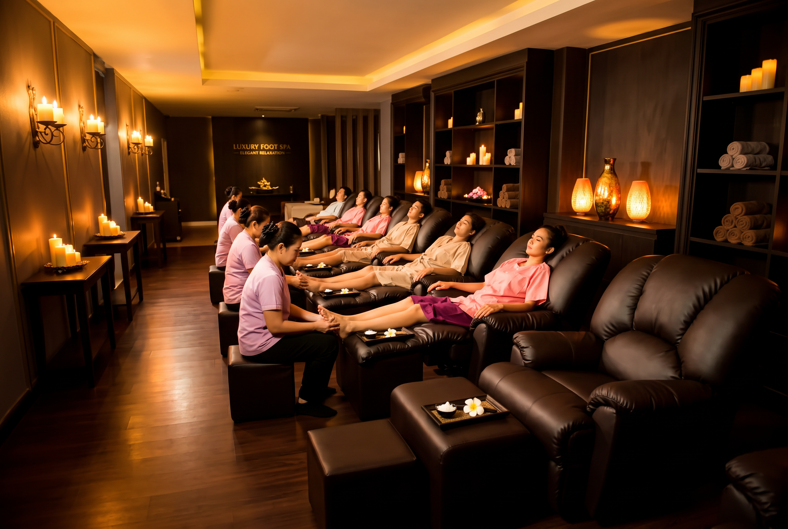 The spacious foot massage parlor at Nuad Thai Massage Athens — a long row of leather recliners with many guests enjoying foot massage at the same time
