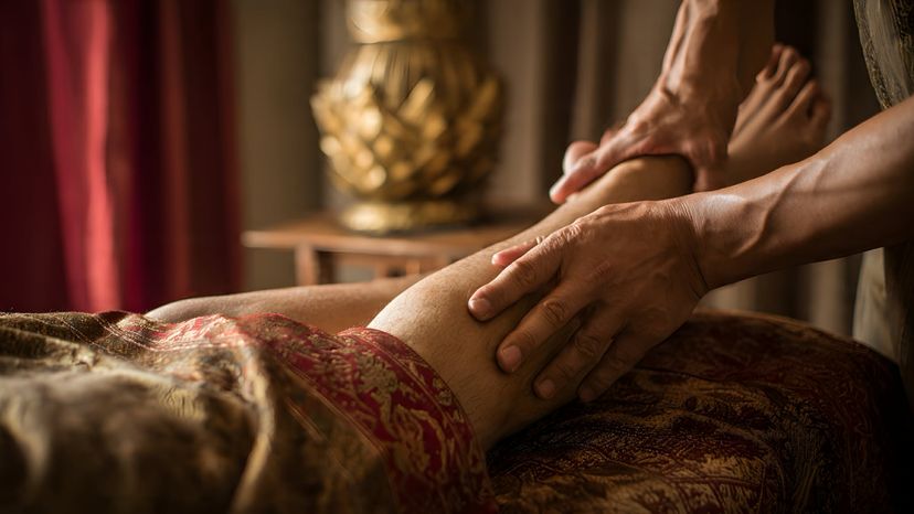 Close-up of a therapist's hands massaging a client's foot