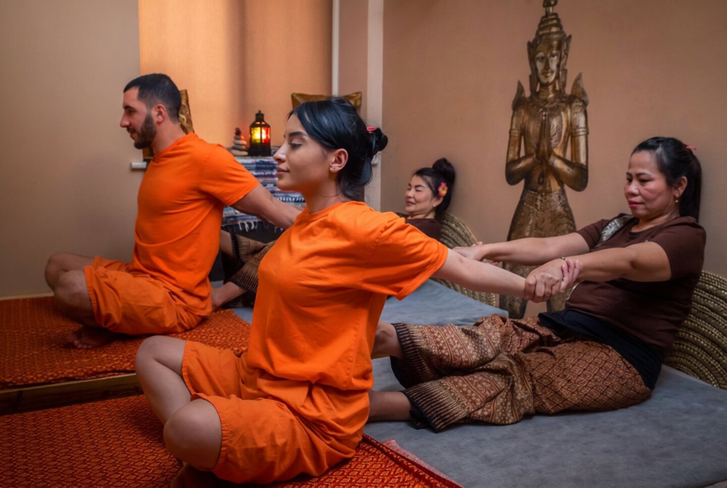 Quiet Thai massage room at the Fokionos Street studio near Monastiraki, with low lamplight