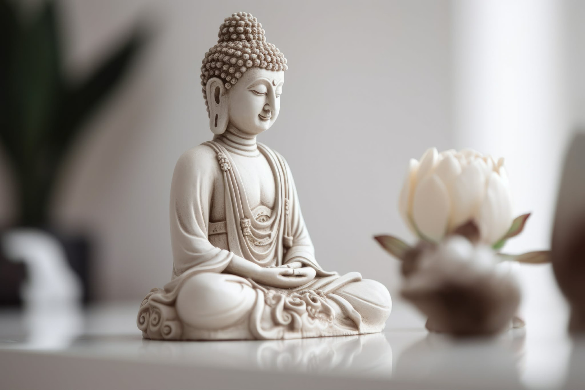 Serene white Buddha statue in meditation beside a flower at Nuad Thai Massage Athens