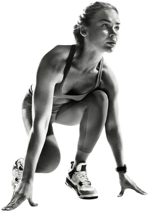 Black-and-white portrait of a focused female runner in a starting crouch, ready for the Athens Marathon 2026