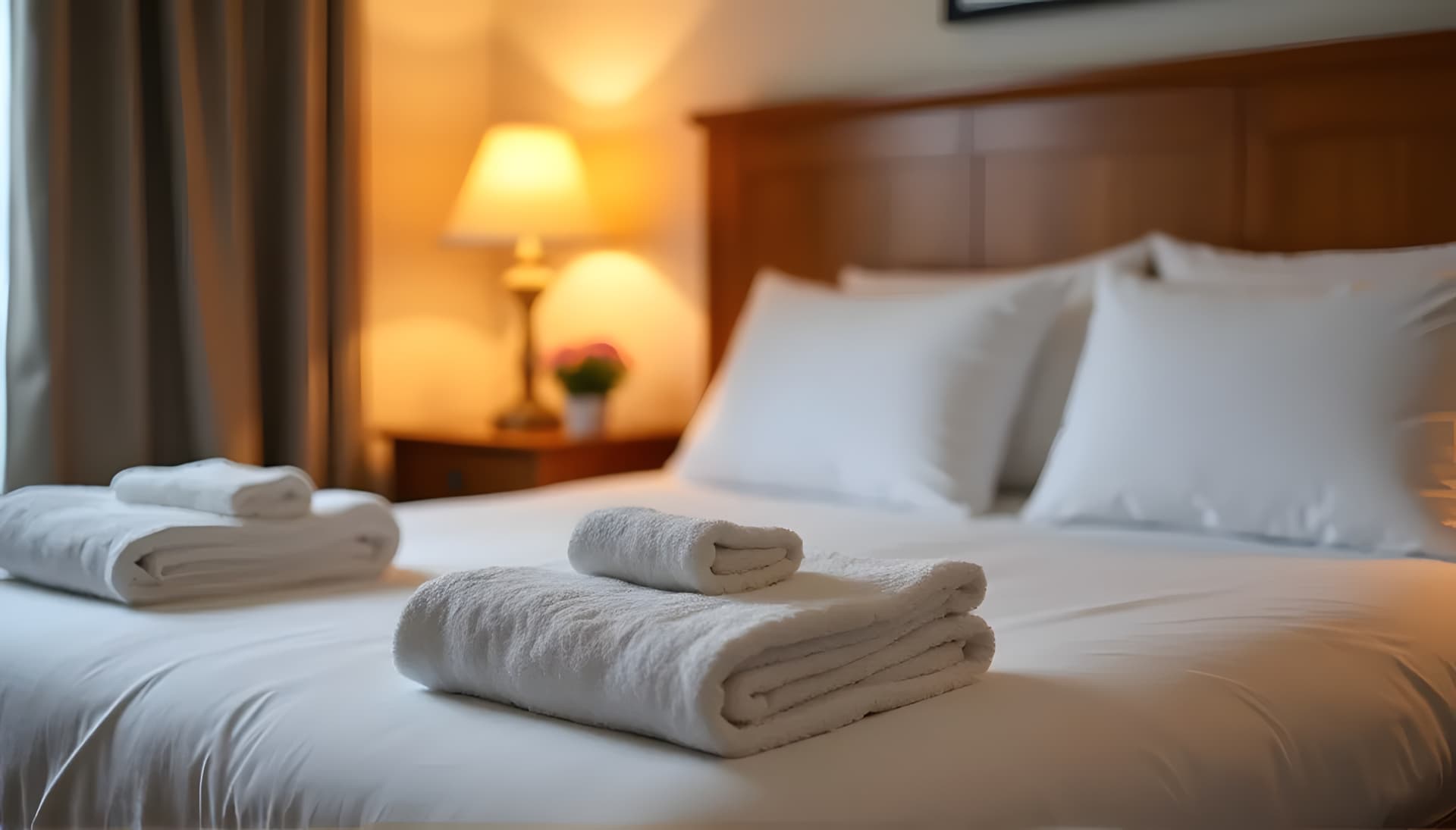 Freshly made bed with folded towels in a quiet Athens rest suite