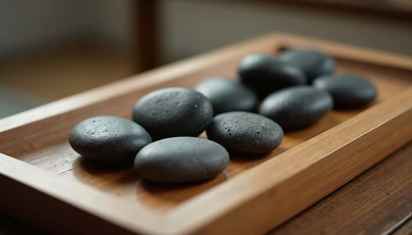 Guest relaxing with a row of warm black basalt stones placed along her back