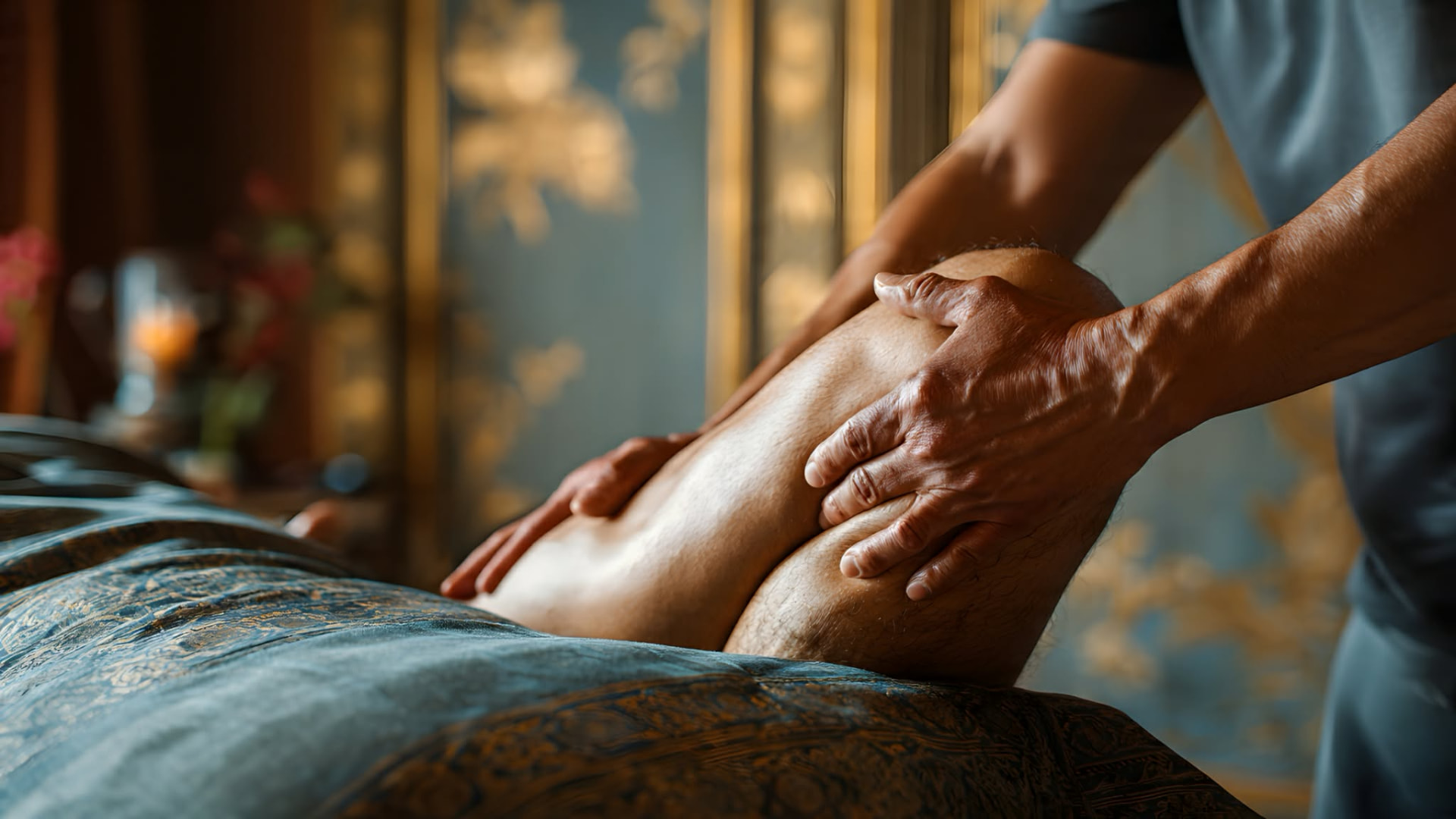 Close-up of a therapist's hands working the knee and lower leg at Nuad Thai Massage Athens