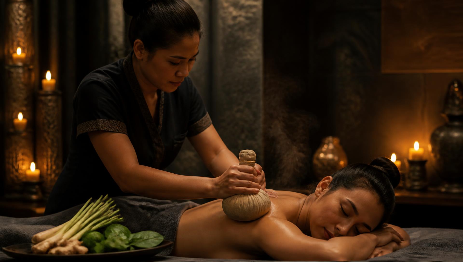 A therapist pressing a steaming Thai herbal compress onto a guest's shoulder, with lemongrass, ginger and kaffir lime beside the table at Nuad Thai Massage Athens
