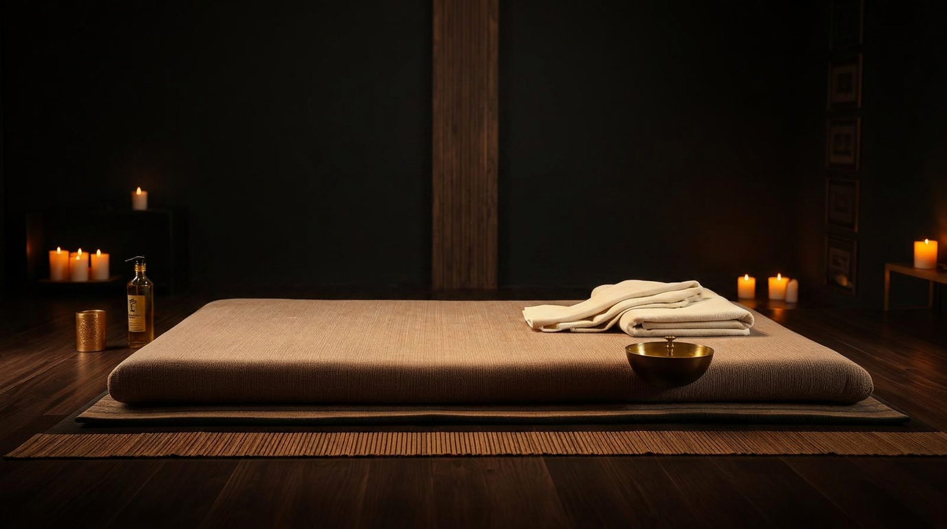 A serene candle-lit treatment room prepared for a guest at Nuad Thai Massage Athens