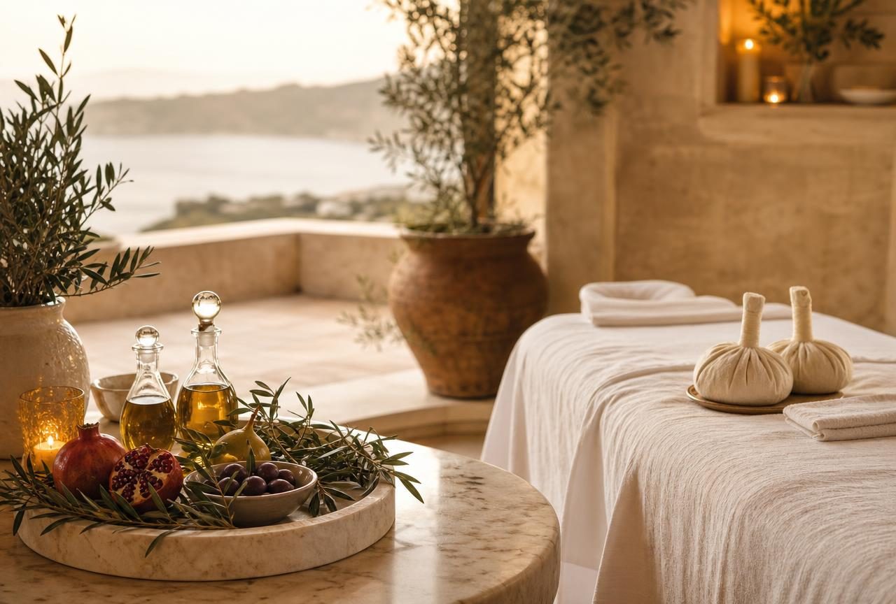 Greek Wellness Ritual 150 min spa setup — warm olive oil, fresh fruit, herbal compresses and a massage table in soft Mediterranean light at Nuad Thai Massage Athens