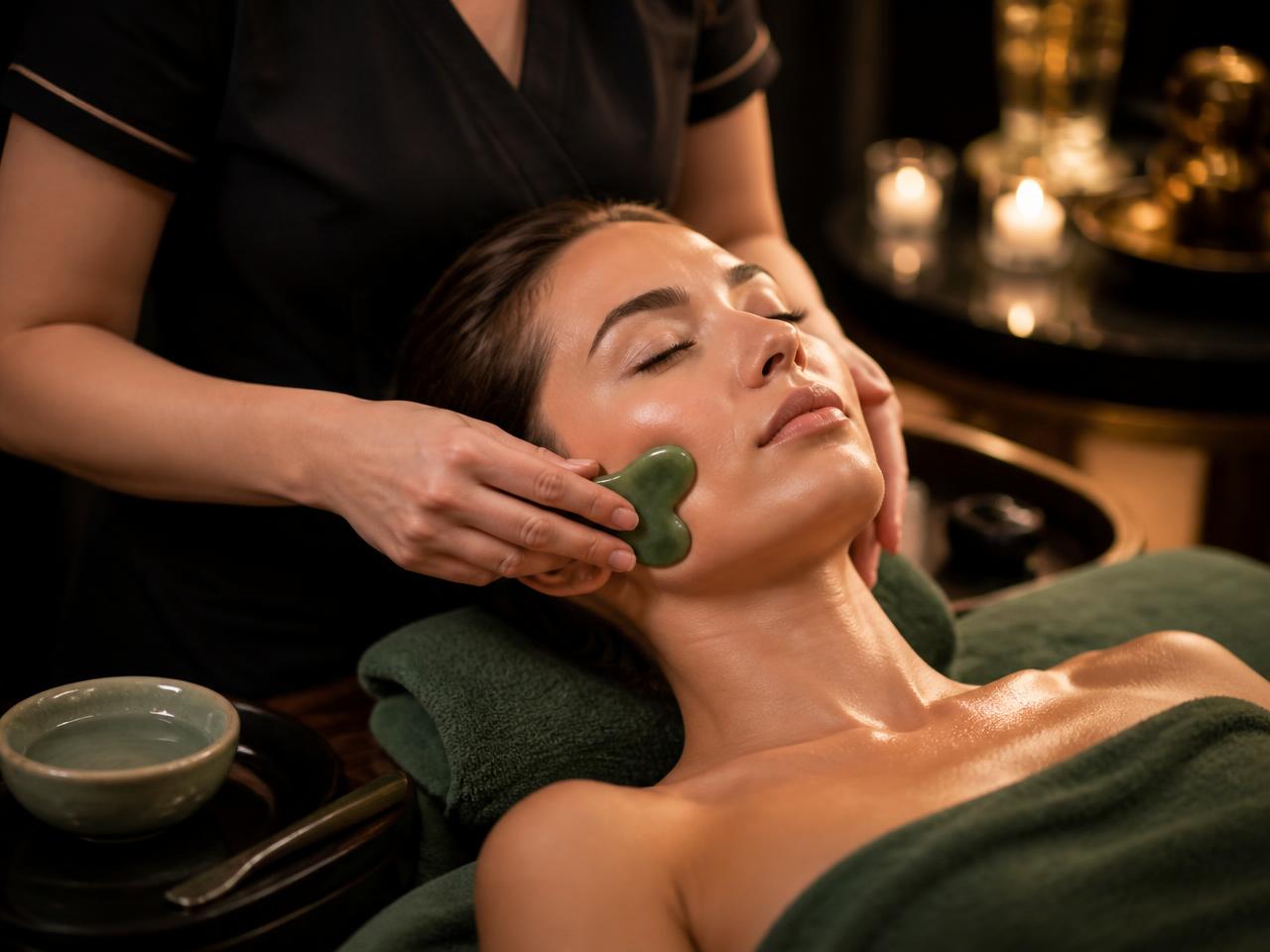 Therapist performing a gua sha facial massage on a relaxed guest