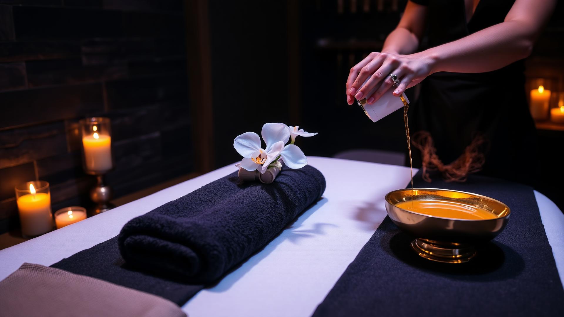 Warm golden oil being poured into a brass bowl beside a prepared massage table at Nuad Thai Massage Athens