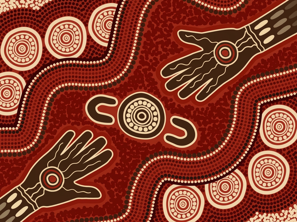 Two decorated hands reaching toward each other in a dot-painting artwork