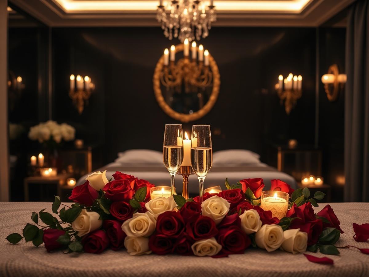 Anniversary setup with roses, champagne glasses and candlelight in a dark suite