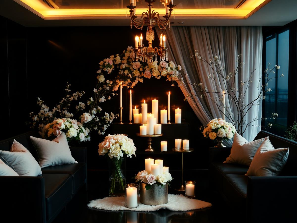 Elegant baby shower styling with pastel flowers and candles in a spa lounge