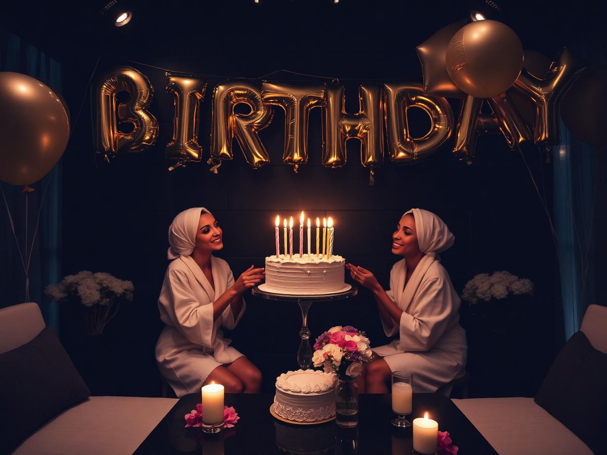 Birthday celebration with gold balloons and cake in a dark spa lounge