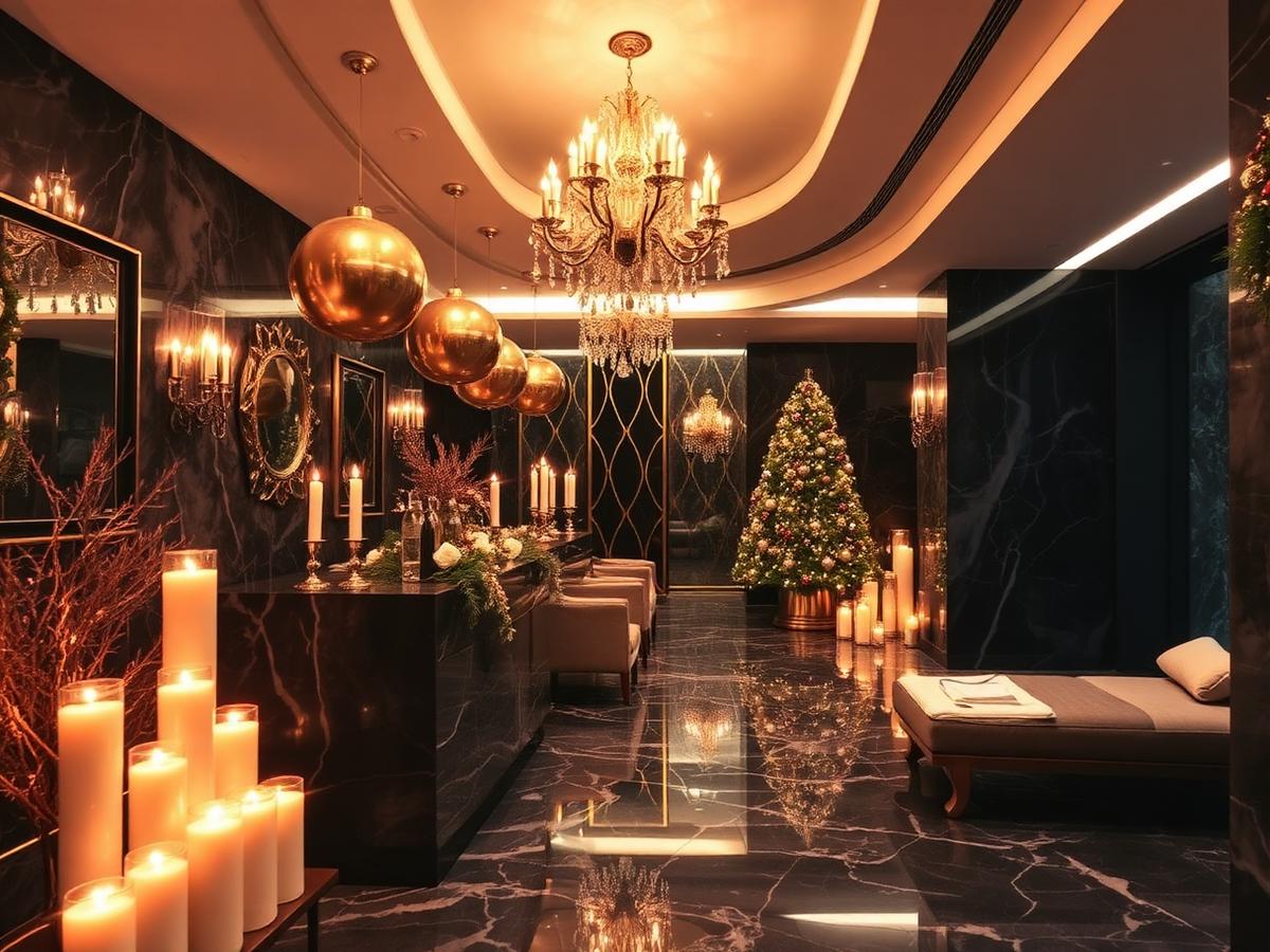 Luxury dark spa reception decorated with gold Christmas ornaments and candles