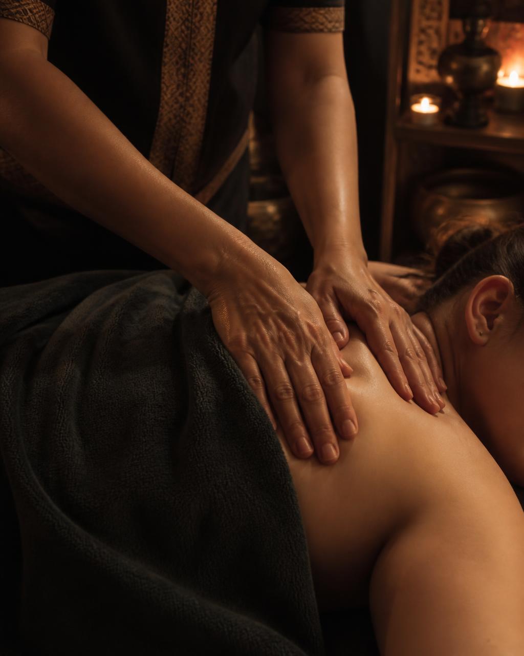 Therapist's hands performing slow detoxifying massage strokes in a candlelit Athens spa room