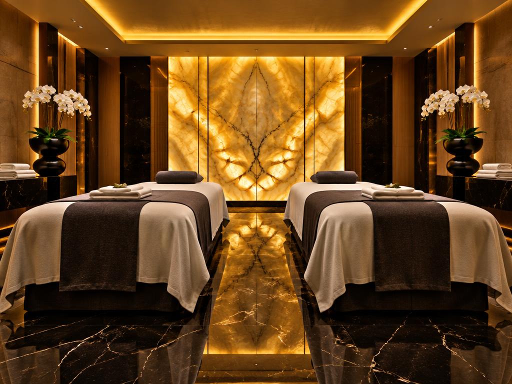 Luxury couples spa room with two massage beds, gold-inlaid dark wood panels and orchids
