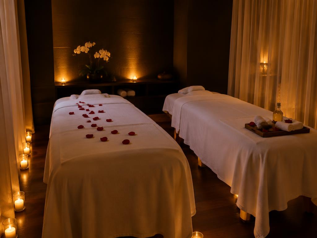Romantic couples spa room with two candlelit massage beds and rose petals