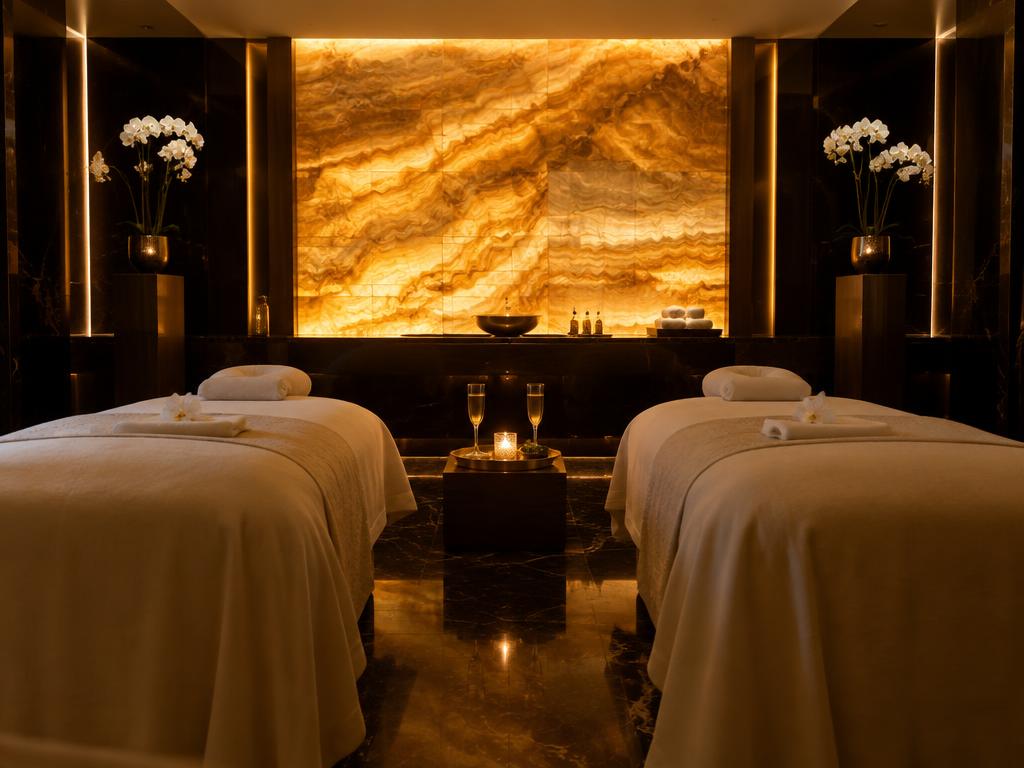 Royal couples spa suite with two white-dressed beds and a glowing gold stone wall