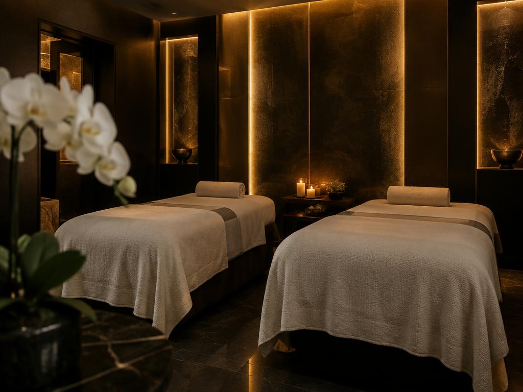 Couples treatment room with two massage beds, candles and glowing gold wall panels
