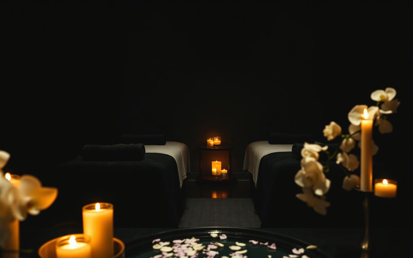 A candlelit couples massage room with two treatment beds at Nuad Thai Massage Athens