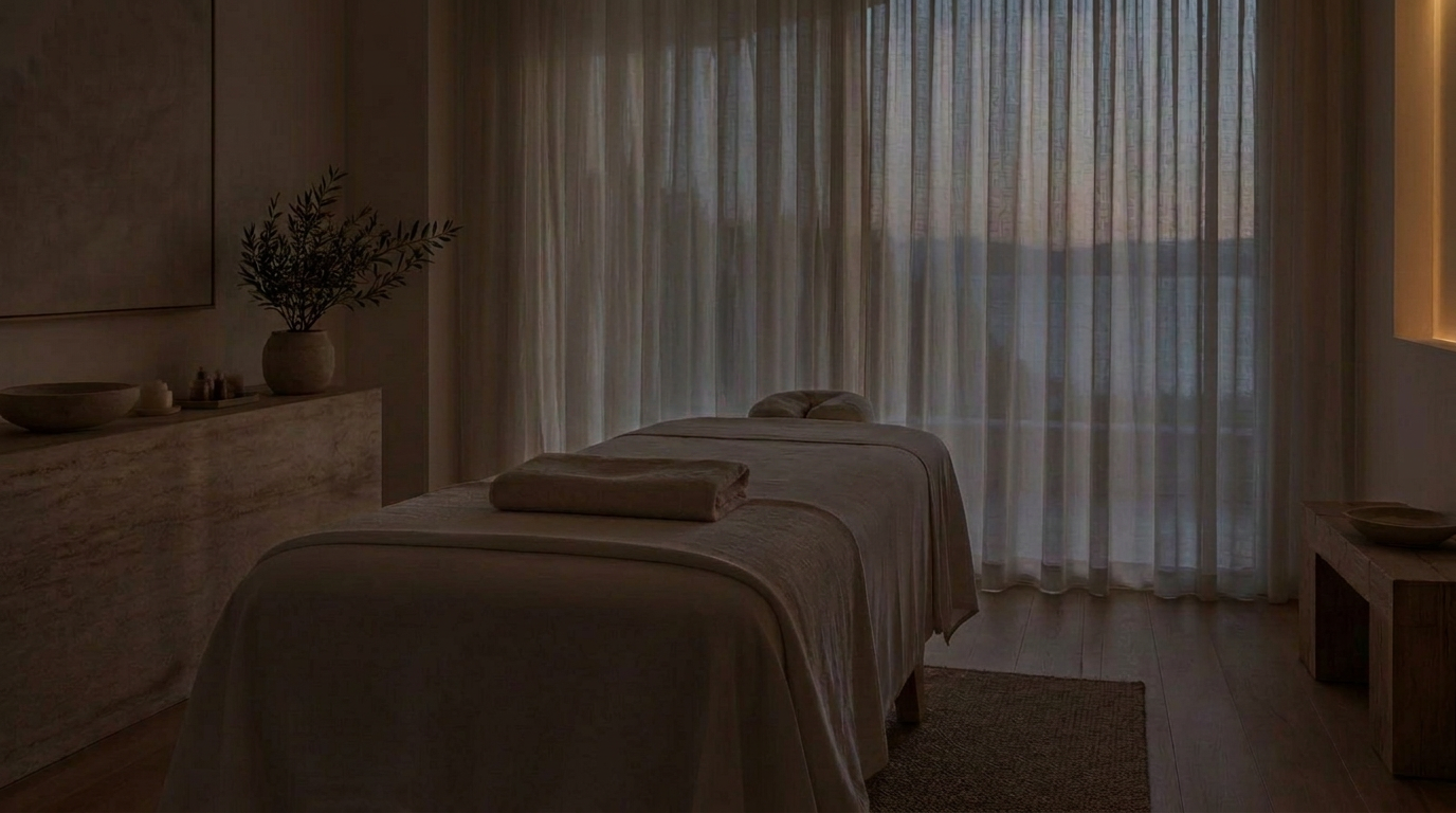 The Luxury Suite where every Energy Reset massage takes place — a cream-draped massage table in soft, dim evening light
