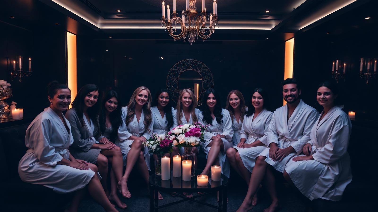 Group of guests in robes celebrating together in a candlelit spa lounge