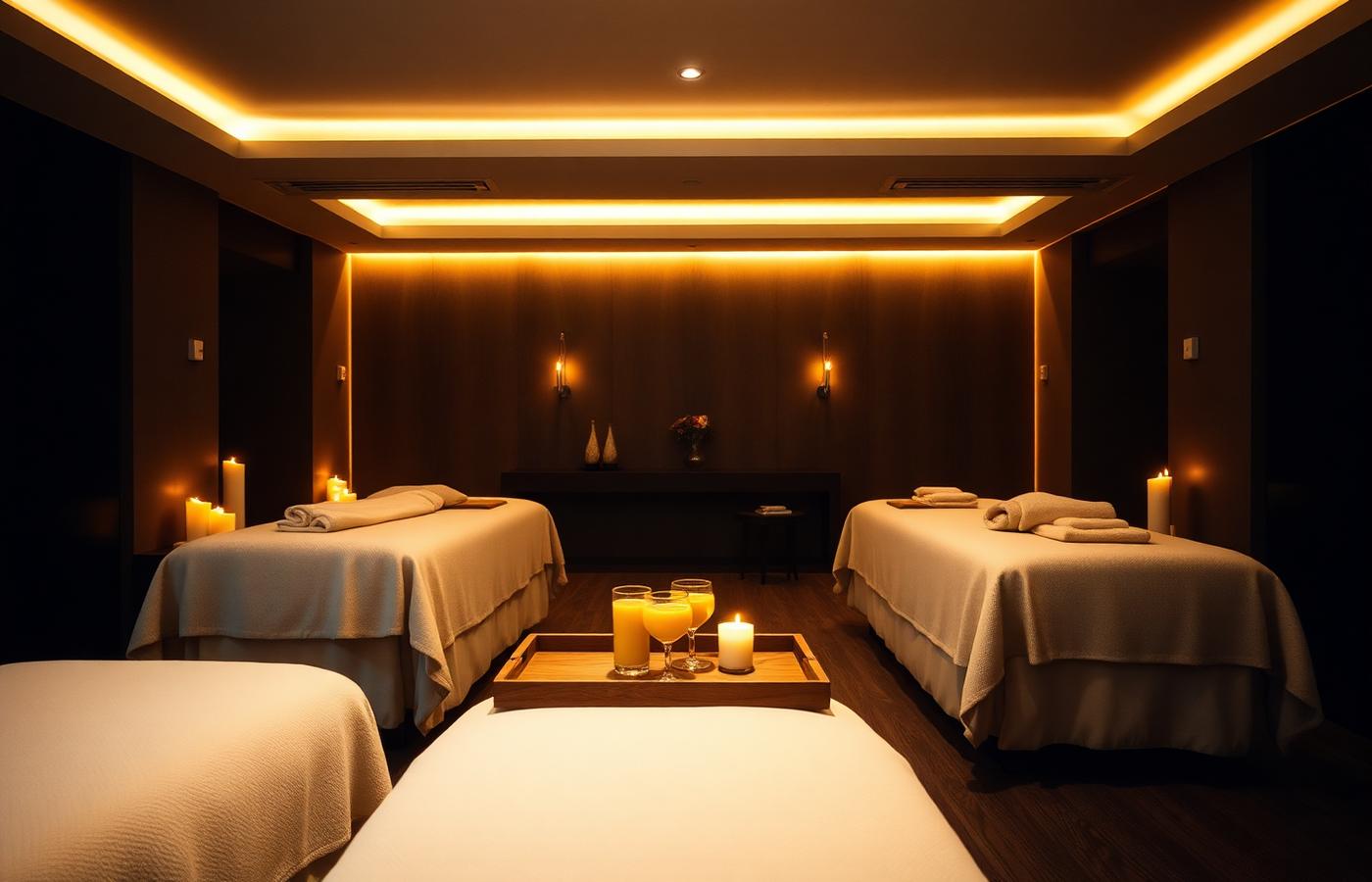 Private spa suite with four massage beds prepared for a family spa day