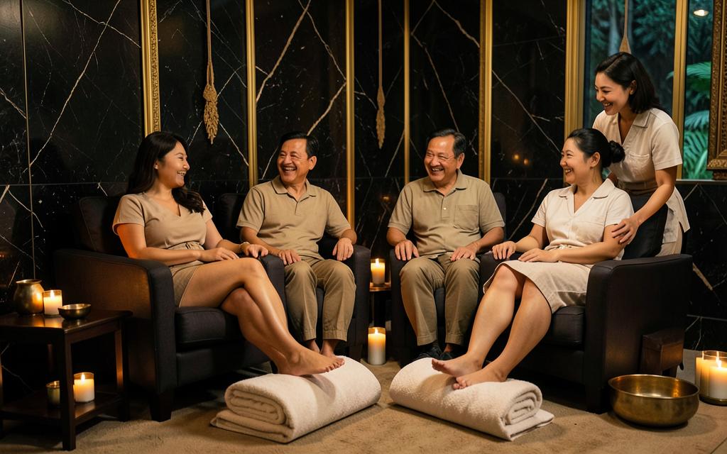 Four friends relaxing together in armchairs during a shared foot, hands and shoulders spa ritual