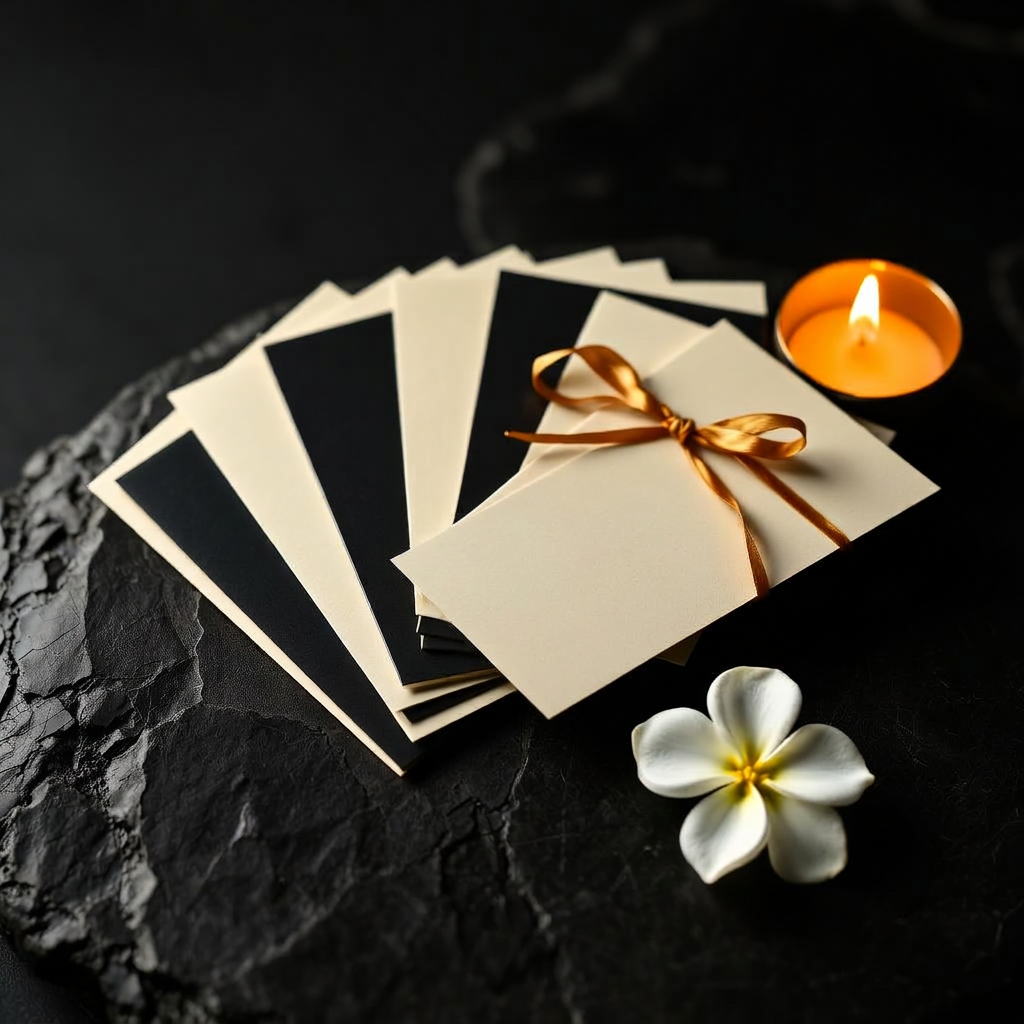 Nuad Thai Massage gift card envelopes tied with a gold ribbon, fanned on dark stone beside a candle and a jasmine flower