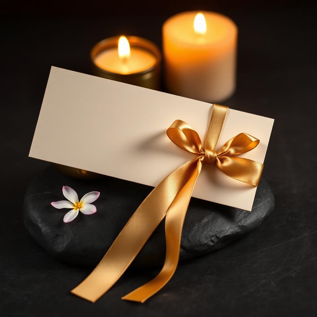 A Nuad Thai Massage gift card tied with a gold silk ribbon, resting on dark stone beside candles and a jasmine flower