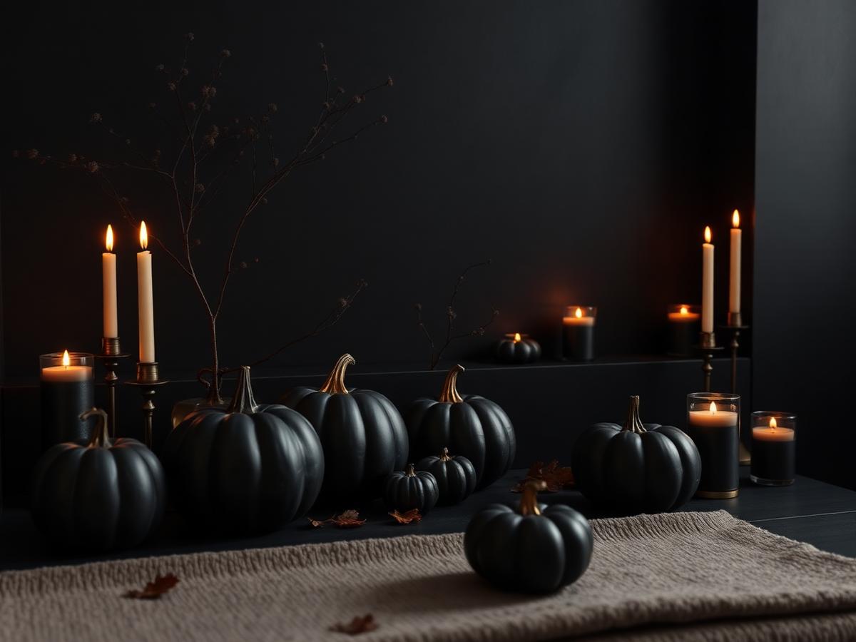 Dark spa styling with black pumpkins, candles and gold accents