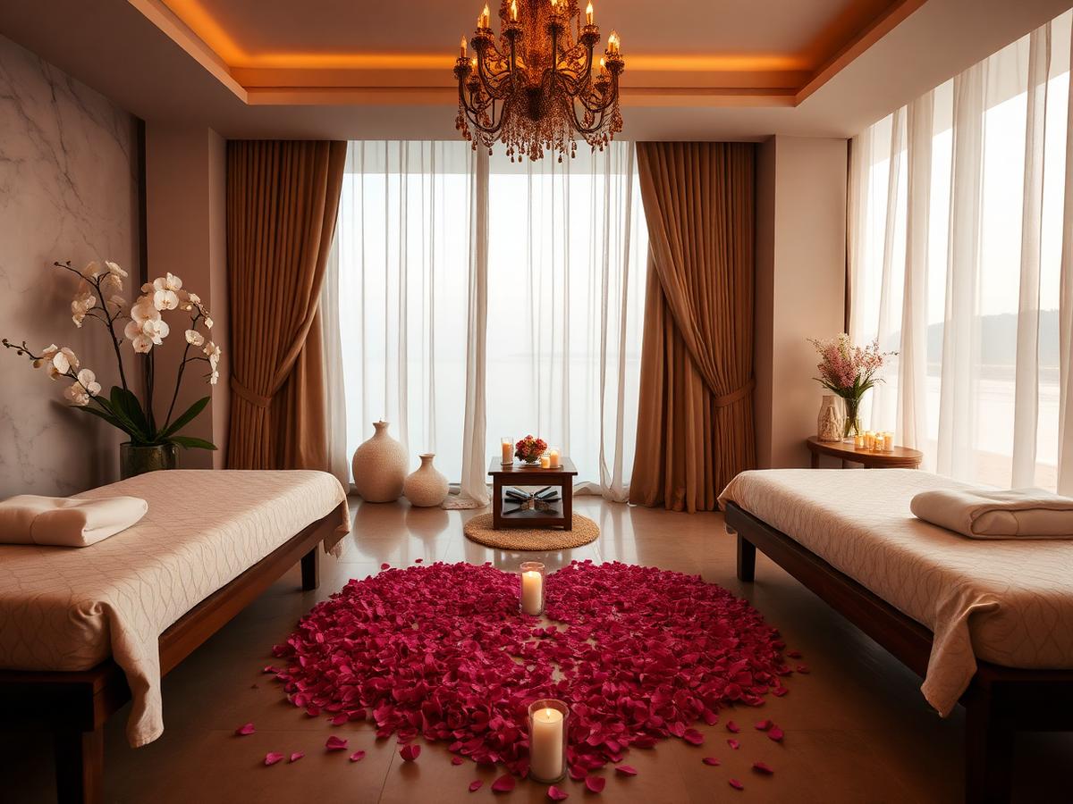 Honeymoon spa suite with orchids, rose petals and two massage beds