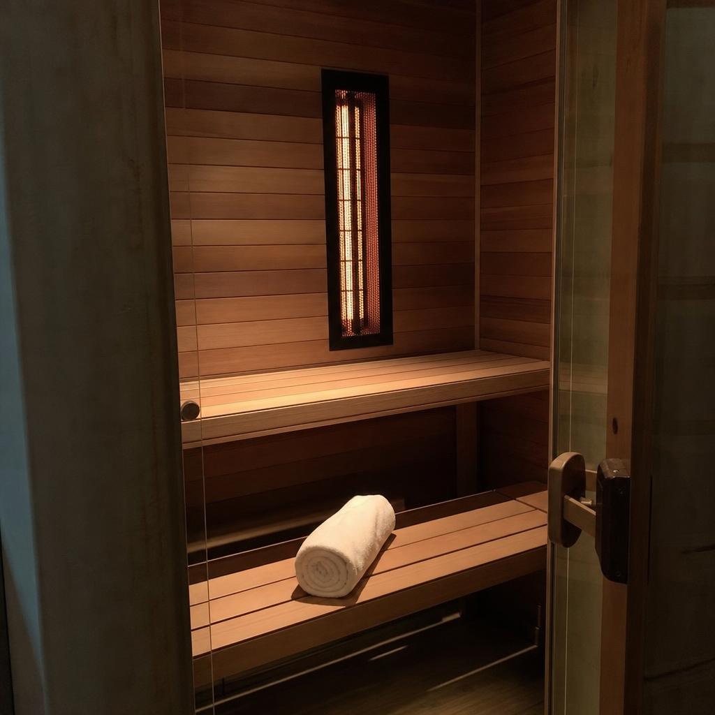 Warm cedar infrared sauna cabin with glowing heater panels at Nuad Thai Massage Athens