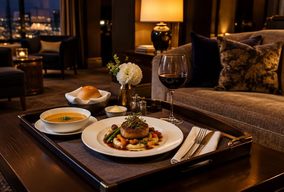 In-room dining served on a tray in the luxury suite