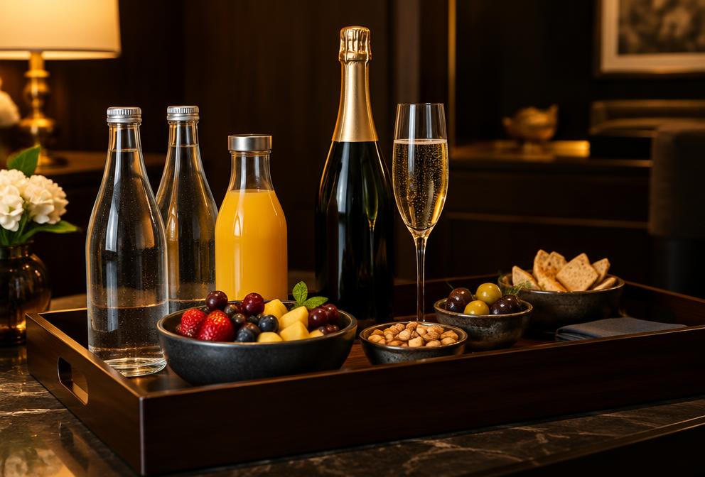 Complimentary mini bar refreshments on a tray in the luxury suite