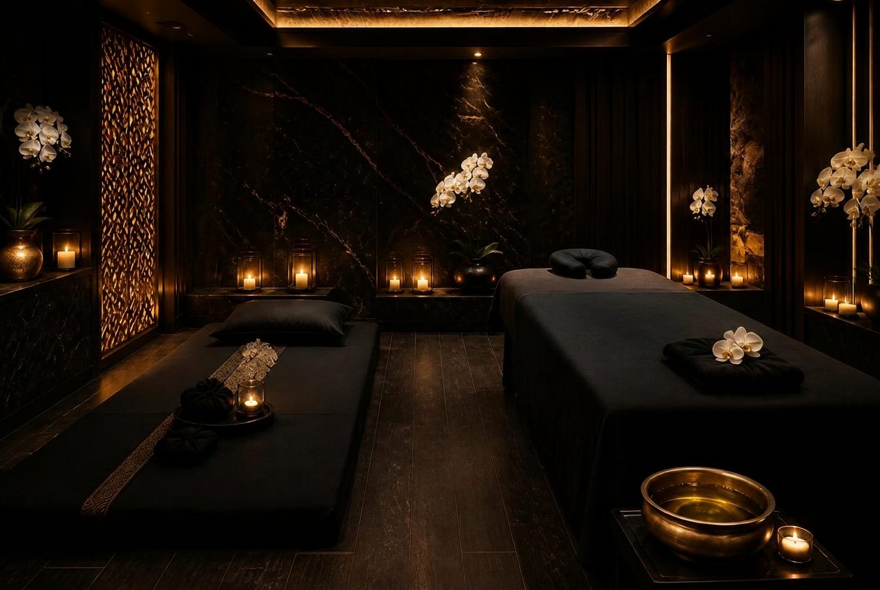 A couples suite prepared for two different treatments — a Thai floor mattress on one side and a warm-oil massage table on the other, lit by candles