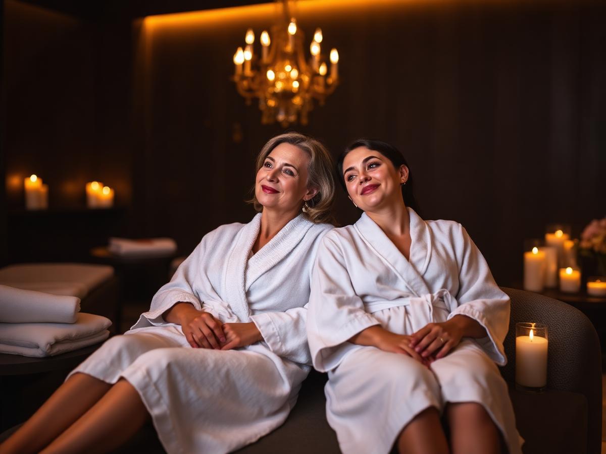 Mother and daughter relaxing together in spa robes