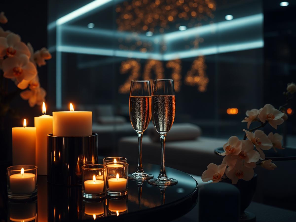 Champagne glasses and candles in an elegant dark spa lounge at New Year