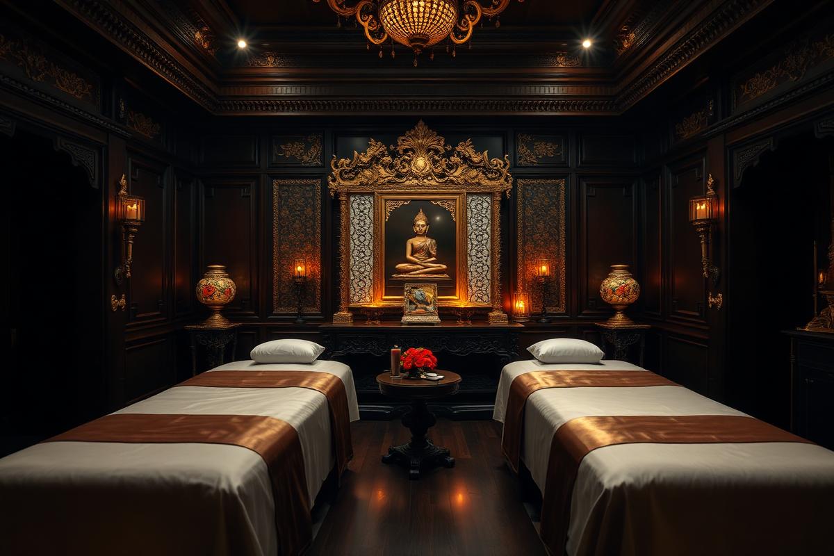 Royal Thai palace-inspired treatment suite with two massage beds
