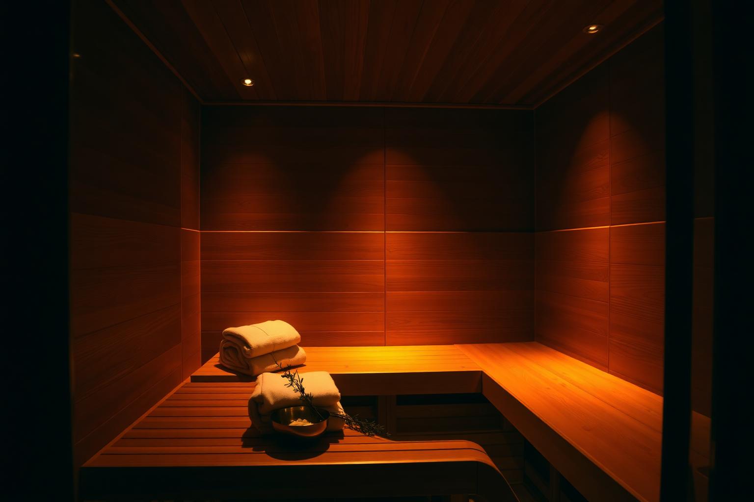 Warm cedar infrared sauna cabin with folded towels at Nuad Thai Massage Athens