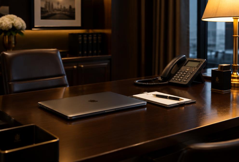 A quiet work desk with telephone and notepad for the free secretarial services